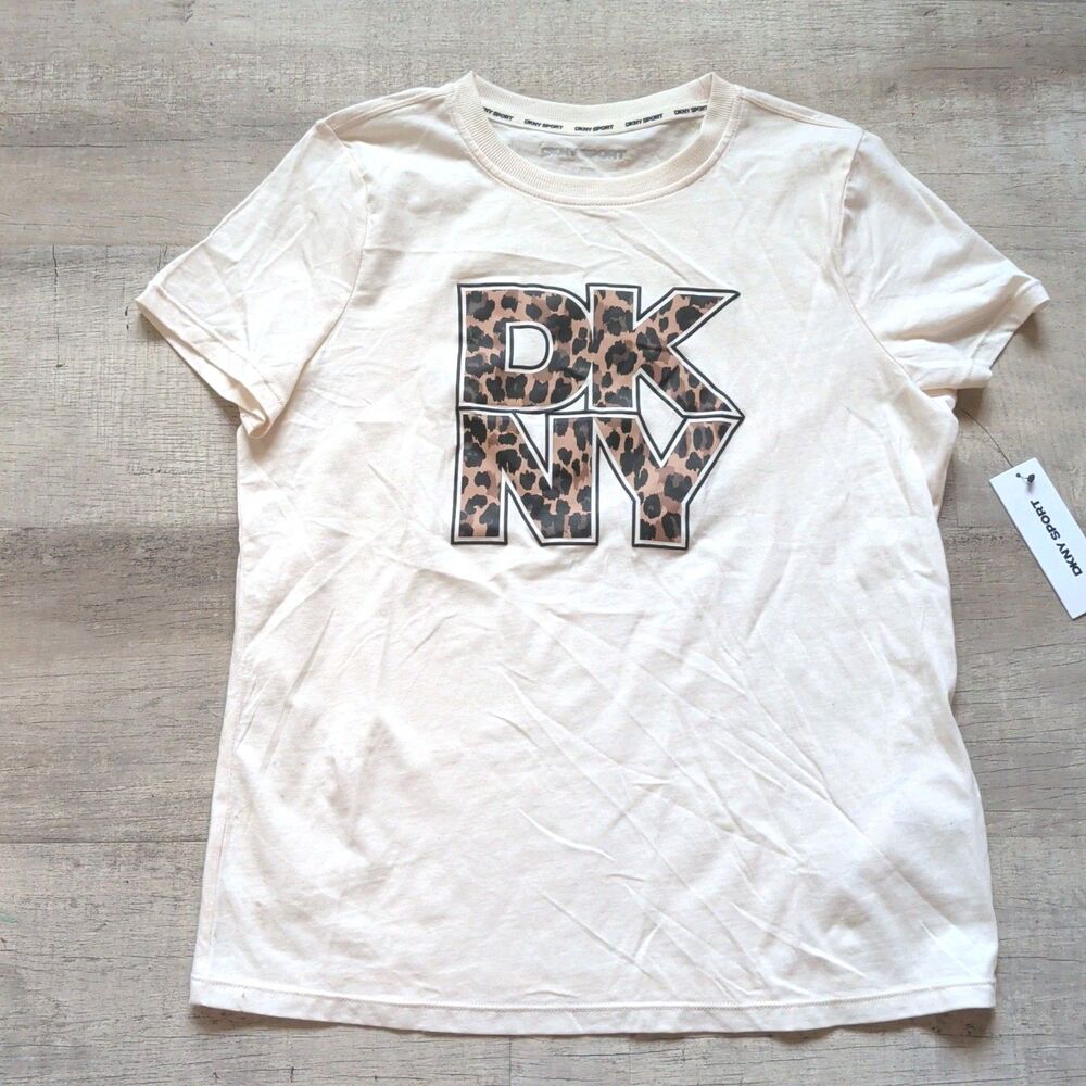 ​DKNY Sport Women's Ivory Leopard Print Logo T-Shirt Size XS NWT New